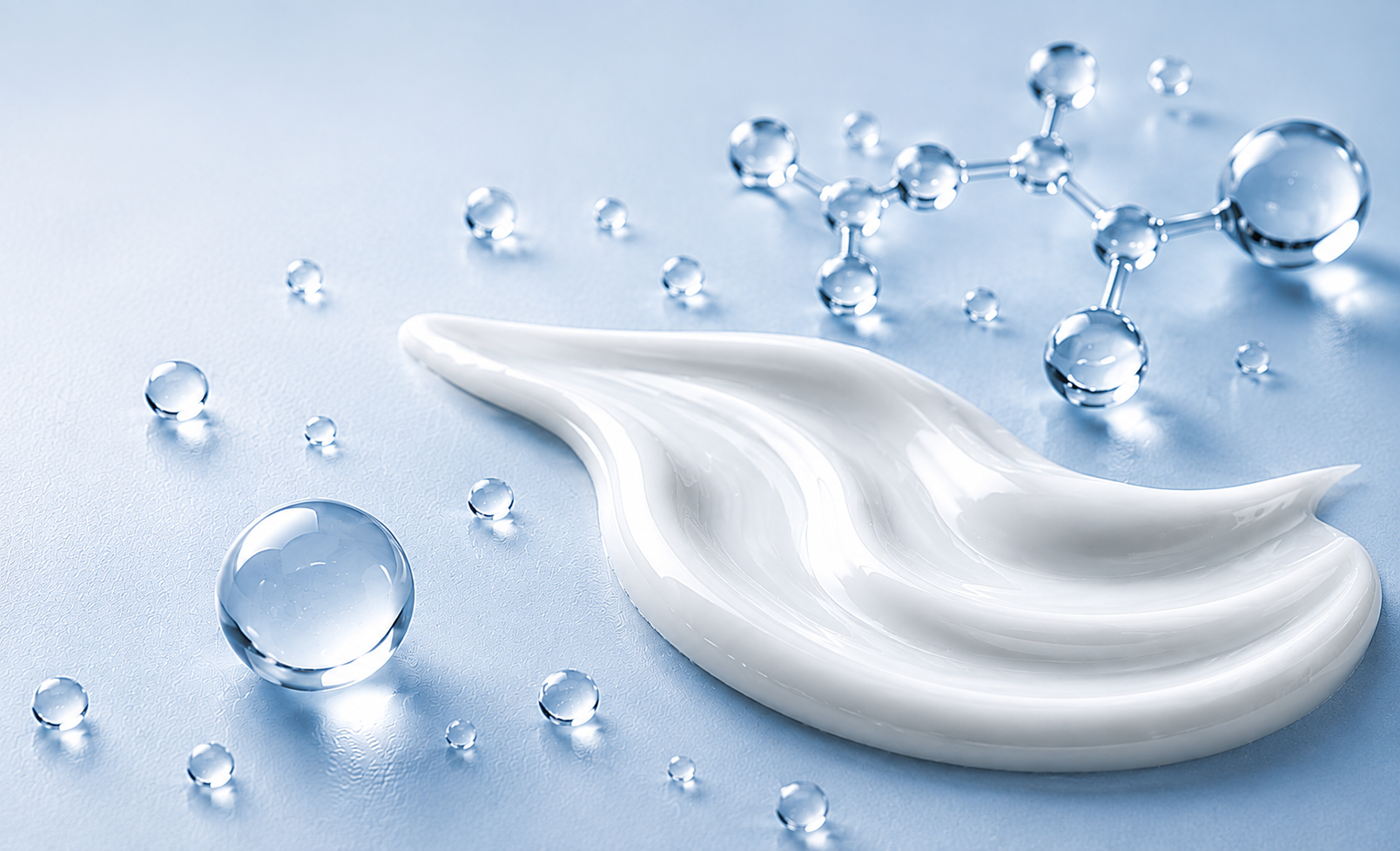 White moisturising cream swirl with water droplets and a molecular model on a pale blue surface