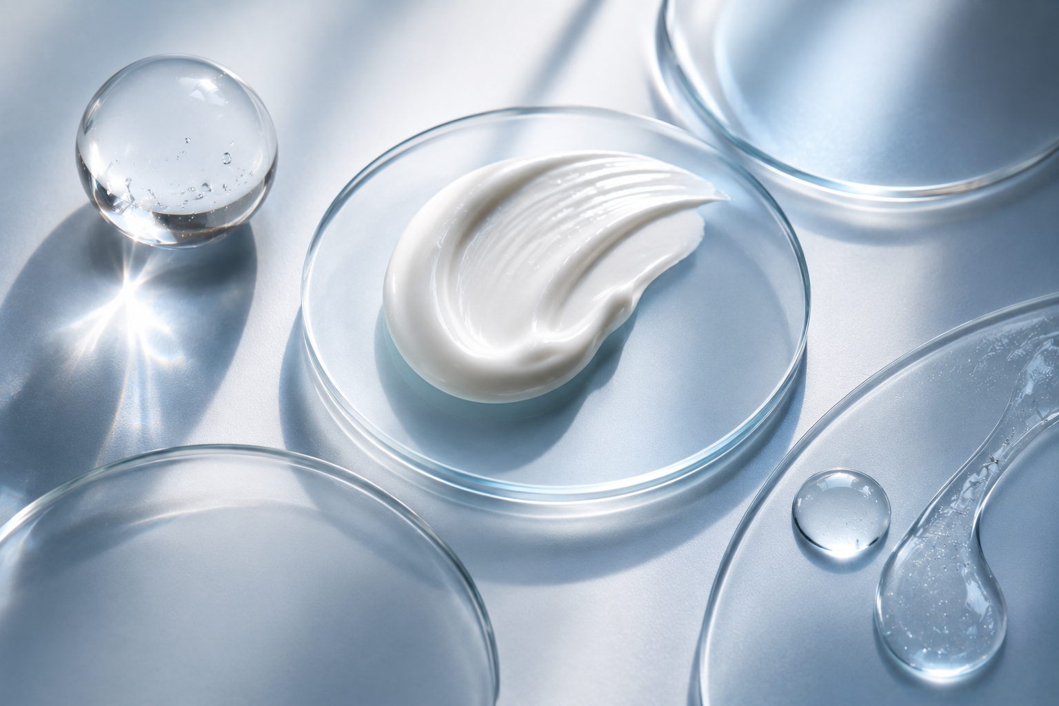 Cream texture in a glass petri dish surrounded by glass spheres and water droplets