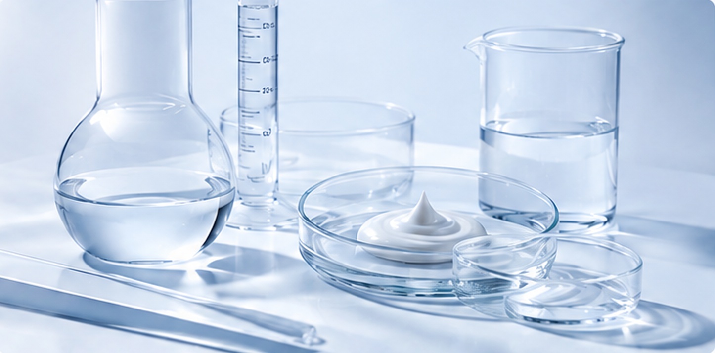 Skincare formulation in laboratory glassware on a pale blue surface